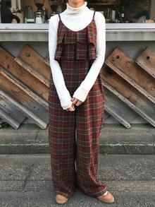 FRIFUL Women's Sleeveless Layered Ruffle Plaid Wide Leg Jumpsuit, Thick Warm Lining For Autumn/Winter Romper - Brown - View 4