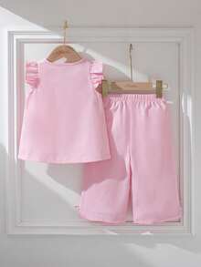 Souflis French Retro New Light Pink Sleeveless Round Neck Front Placket Pleated Blouse Paired With Light Pink Wide Leg Pants, Casual Versatile Outfit For School, Outing, Multiple Occasions, Baby & Baby GirlSet - Pink - View 4