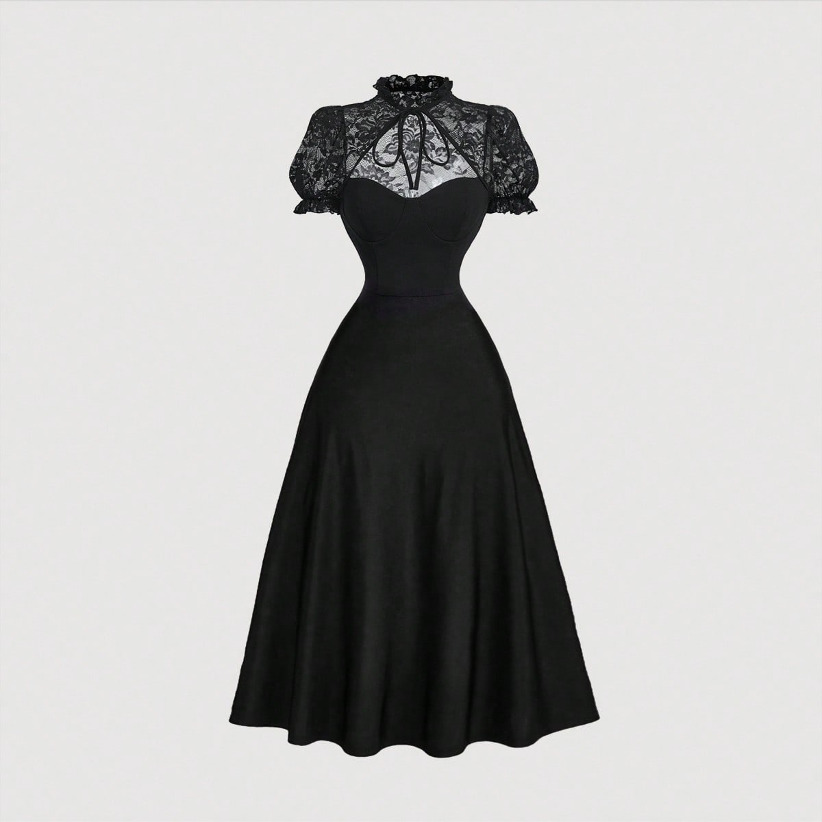 Women’s Elegant Solid Color Lace Patchwork Mid-Length Dress, Summer Dress, Lace Black Dress, Black Dress Classy Elegant, Black Corset Dress, Black Funeral Dress, Western Dress, Elegant Dresses For Party, Graduation Dress, Chic Evening Dress, Chic, Black D