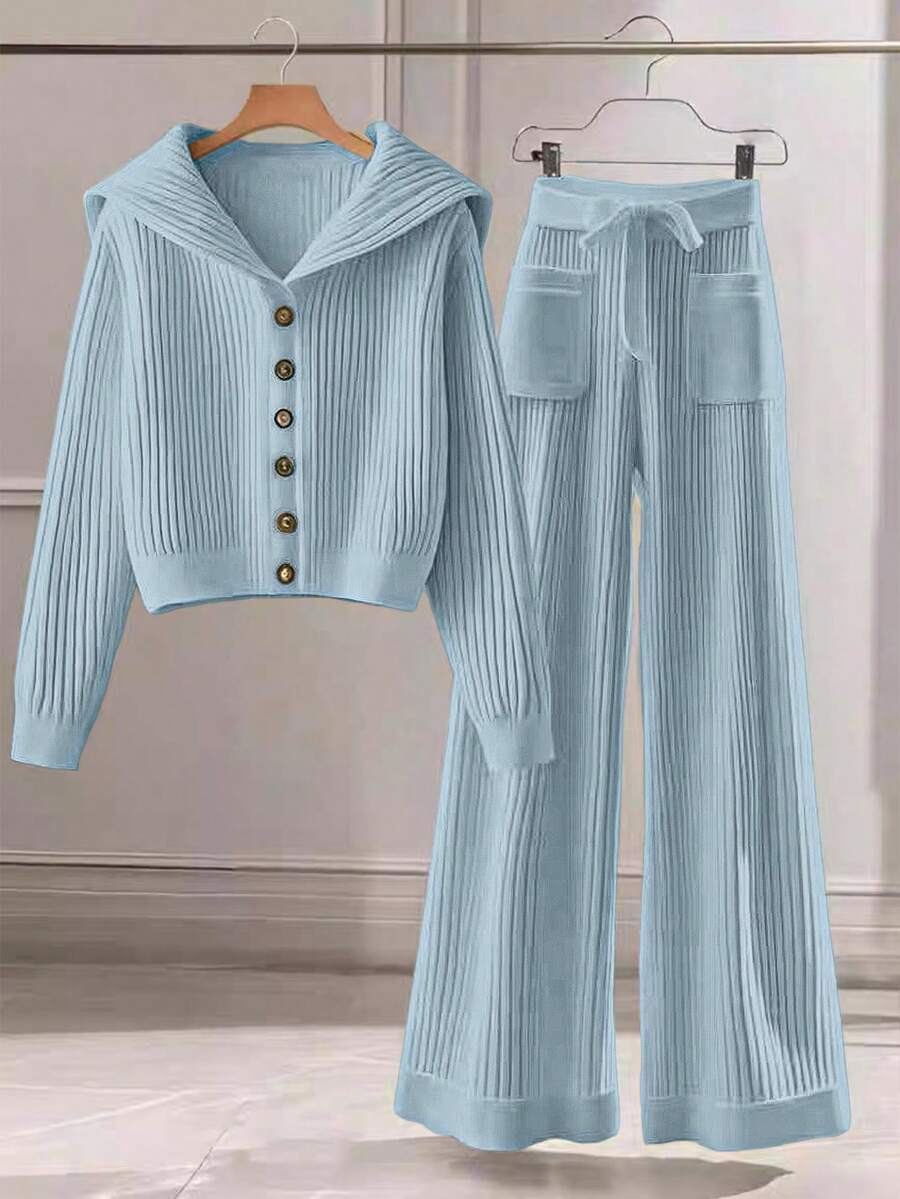 Franclia 2 件套女士休闲纯色针织毛衣套装，有领纽扣开衫和前蝴蝶结口袋针织裤 - 藍色 - 查看 1