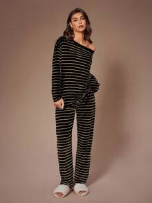 Lazeform 大码女式条纹印花休闲斜肩家居服套装，冬季服装 - 黑色 - 查看 5