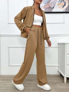 EURMUSE TWO PIECES TWO THREAD LIGHT GREY HOODIE SWEATSHIRT AND SWEATPANT WITH SPARKLE STONE DETAIL - Camel - View 4