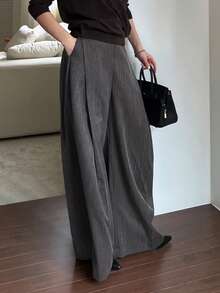 DAZY 女士休闲宽松条纹口袋阔腿裤秋冬 - 灰色 - 查看 7