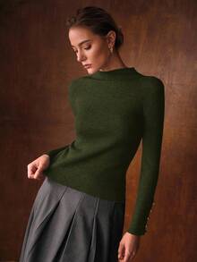 MOTF PREMIUM 简约金属扣装饰打底毛衣 - 軍綠色 - 查看 4