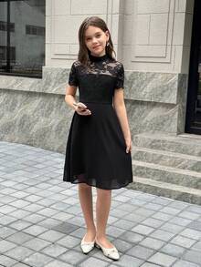 SHEIN Pitira 少女优雅黑色蕾丝A字公主裙，适合派对、情人节、母女装、姐妹装穿着 - 黑色 - 查看 3