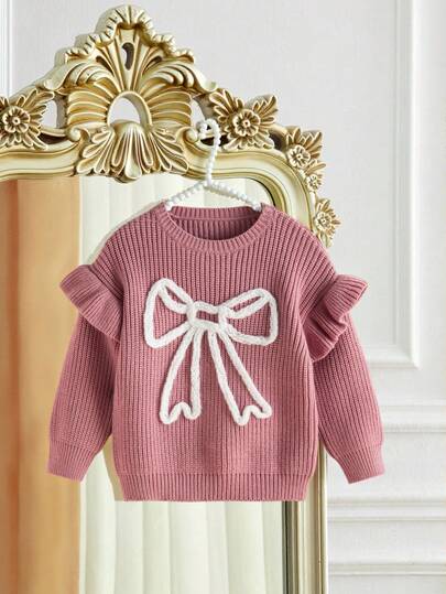 SHEIN Young Girls Apricot Minimalist Fashion Casual Elegant Bow Pattern Long Sleeve Crew Neck Knitted Sweater, Soft & Comfortable, Suitable For Daily, Outdoor, Travel, Vacation, Home, Daycare, Playtime, And School Wear Kids Sweaters For Girls Girl Bow Knit Sweater Pink Bow Sweater Bow Tops For Girls Girl Clothes Autumn And Winter Clothes Bow Knit Pink Sweater Bow Clothes