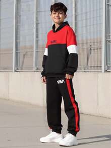 Vacaura 2 件套青少年男童休闲长袖连帽卫衣，撞色袖子，简约字母印花设计，搭配慢跑裤，适合休闲运动穿着 - 黑色 - 查看 7