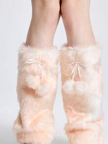 ROMWE Fairycore 1双可爱毛绒小鹿图案腿套，Y2K风格毛绒球加厚超大腿套，时尚修身，适合日常、秋冬季、节日和派对穿着 - 彩色 - 查看 3