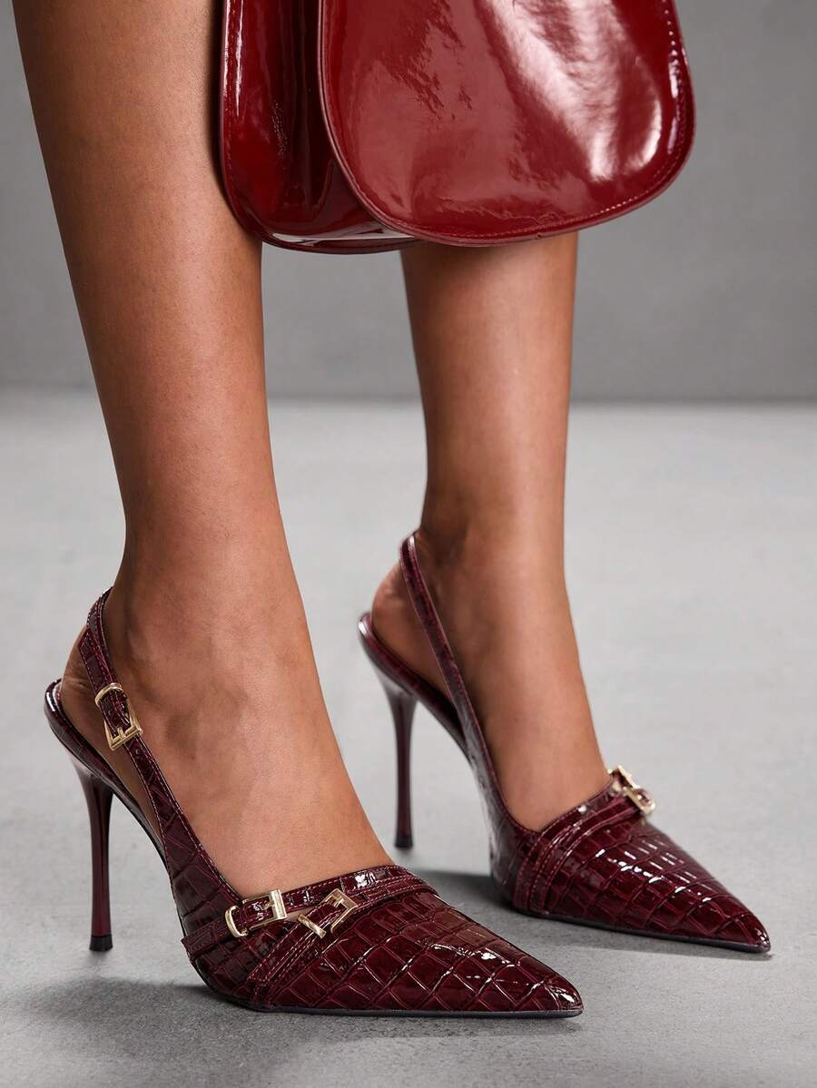 CUCCOO SZL Women's Pointed Toe Buckle Design Everyday Versatile Fashion High Heels For Christmas - Burgundy - View 1