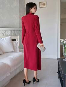 DAZY Women's Elegant Solid Color Asymmetric Belted Midi Dress With Blazer Collar, Autumn/Winter - Burgundy - View 2