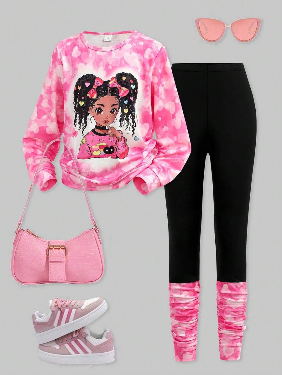 SHEIN Explorewe 2pcs Set Tween Girl Fuchsia Round Neck Portrait Print Top And Leggings, Plus Size - Hot Pink - View 1