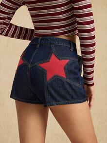 Easelle Quần short denim nữ kiểu dáng vintage thường ngày, phối họa tiết ngôi sao đỏ, có túi, thích hợp mặc đi biển mùa hè. - Màu xanh lam - Xem 6