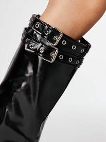 ROMWE Bốt cao đến đầu gối đế dày màu trơn đơn giản dành cho nữ - màu đen - Xem 3