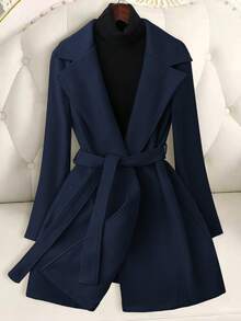 EMERY ROSE Women Solid Color Waist Belt Elegant Long Sleeve Overcoat, Autumn/Winter Black Coat Women - Navy Blue - View 3