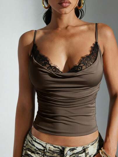 Denimoi Sexy Contrast Color Lace Patchwork Spaghetti Strap Top, Summer