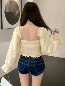 DAZY Women's Fitted Tie-Front Ruffle Trim Short Blouse, Yellow Long Sleeve, Spring/Summer - Yellow - View 4