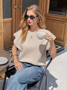 SHEIN Frenchy Women's Casual Knit Top With Bow Tie Back And Short Sleeves,Winter,Summer, Christmas, New Year,Party, Elegant, Back Bow Tie Design Top - Apricot - View 8
