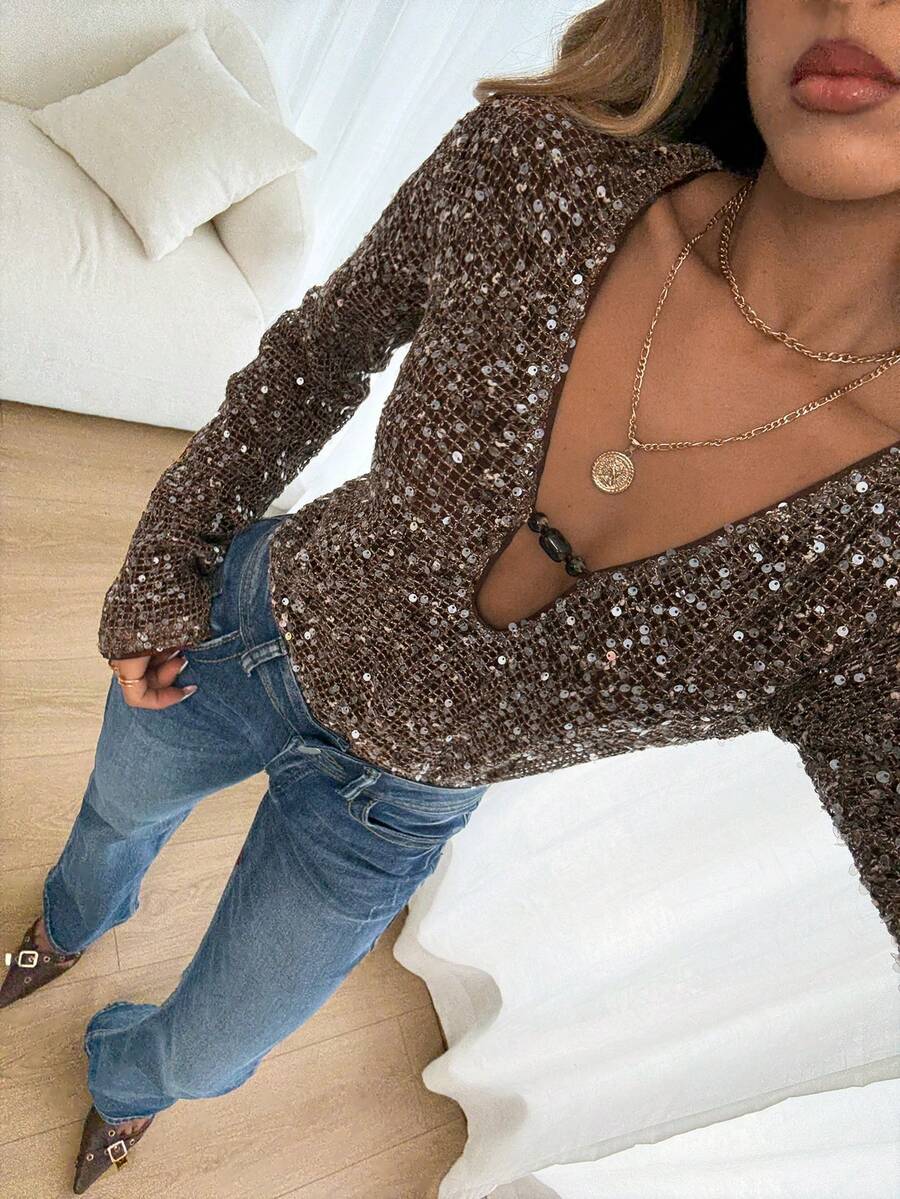 Siren Gaze 女士棕色亮片装饰长袖上衣，新年、派对、优雅聚会、闪亮上衣、亮片上衣、咖啡棕色性感衬衫，春季款 - 棕色 - 查看 1