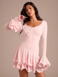 Enchnt Spring/Summer Romantic Women's Pink Flare Sleeve Ruffle Hem Cute Mini Dress,Sweet&Elegant For Party&Date&Holiday&Going Out - Pink - View 4