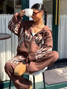 Muchica Plus Size Women Letter Print Drop Shoulder Long Sleeve Hoodie And Pants Casual 2 Piece Set - Brown - View 1
