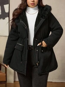 Zelara Plus Size Women Solid Color Long Sleeve Zipper Collar Faux Fur Hooded Casual Winter Jacket Women's Quilted Zipper Long Hooded Padded Jacket With Pockets, Warm And Comfortable,2025 New,Comfortable And Warm From The Cold,Plus Size Women Long Sleeve Pockets Casual Coat,Fall Women Clothes, Winter Clothes For Women,Vintage,Going Out Outfits,Fall Outfits,Winter For Women,Fall Clothes Plus Size, Office Outfits For Women,Fall Outfits For Women,Classy Outfits For Women,Women's Fall Clothes,Office,Old Money Style Women,Plus Size Women Long Sleeve Pockets Casual Hooded Coat,Quilted Coat,Zip Up,Women's Winter Clothes ,Christmas Women's Clothing,Suitable For Multiple Occasions Autumn Women'S Autumn And Winter Warm Coat With Fur Collar And Hood - Black - View 7