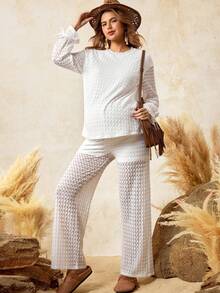 Boho Mama Maternity Two-Piece Set,Women's Boho Lace Textured Top And Pants Set,Adjustable Elastic Waistband,Holiday Birthday White Autumn Casual Matching Set - White - View 10