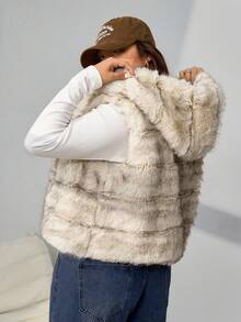 Comfortcana 大码女式无袖人造毛皮连帽休闲扎染大衣