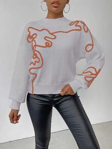 EMERY ROSE Pulover casual pentru femei, cu model grafic, croială lejeră, cu umeri căzuți, guler înalt, potrivit pentru naveta zilnică de toamnă/iarnă - Gri deschis - Vizualizare 6