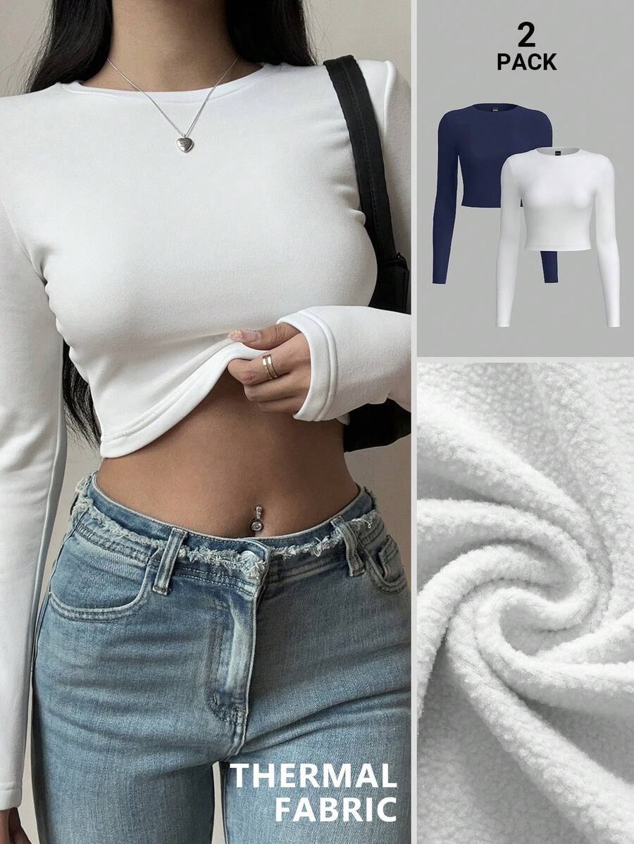 SHEIN BASICS 2 chiếc áo thun ngắn tay dài cổ tròn dệt kim trơn dành cho nữ, vải ấm nâng cấp, lót nhiệt mà không cồng kềnh, áo thun co giãn cơ bản đa năng cho mùa thu đông dành cho nữ - Màu xanh lam - Xem 1