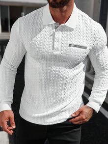 Manfinity Homme 男士格子印花麻花休闲长袖 Polo 衫 男士白色系带衬衫 男士白色长袖 Polo 衫 - 白色 - 查看 3