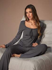 Lazeform 女士休闲纯色方领长袖上衣和裤子睡衣套装 - 深灰色 - 查看 1