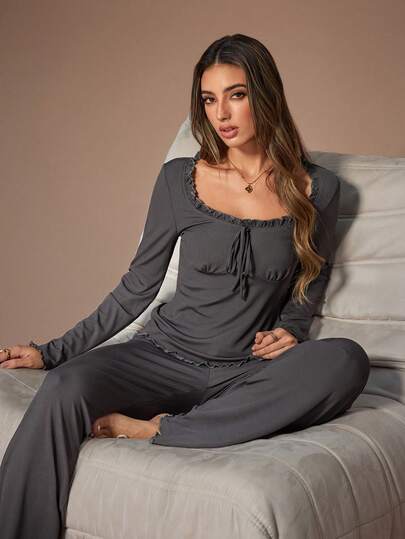  Lazeform Casual Enfärgad Fyrkantig Halsringning Långärmad Topp Och Byxor Pyjamas Set För Damer