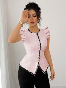 Elenzga Camisa elegante de mujer con contraste de color, volantes, parches y cintura ceñida, con mangas cortas, para otoño - Rosa - Ver 4