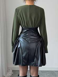 Elenzga Women's Elegant Minimalist Vintage Chic Party Cocktail Dress, High-End Color Blocking Design, Cinched Waist A-Line Long Sleeve Mini Dress, Military Green - Army Green - View 2