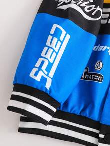 SHEIN 男婴秋冬装三件套：领口拉链长袖棒球夹克、字母印花长袖 T 恤、街头风格印花慢跑裤套装 - 彩色 - 查看 3