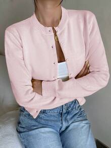 SHEIN 少女针织开衫，休闲纯色圆领长袖宽松短款毛衣，保暖舒适，时尚百搭，适合日常通勤 - 粉色 - 查看 8