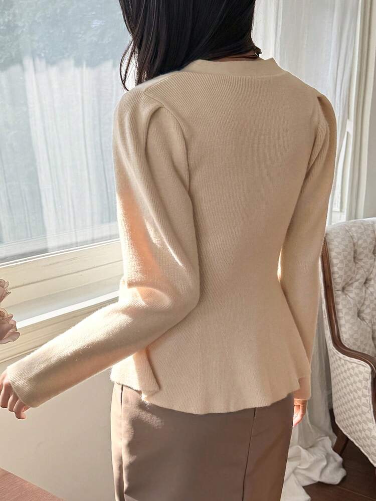 Women's Elegant Solid Color V-Neck Puff Sleeve Cardigan, Autumn/Winter