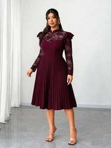 Elenzga 大码女士优雅浪漫日常派对连衣裙，新年派对、婚礼宾客礼服，撞色蕾丝立领，荷叶袖，褶裥飘逸连衣裙，春秋季 - 酒紅色 - 查看 2