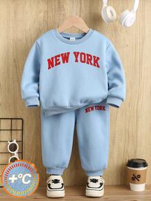 2件套婴儿男女童休闲运动灰色字母印花长袖连帽衫和运动裤套装，秋冬季 - 藍色 - 查看 3