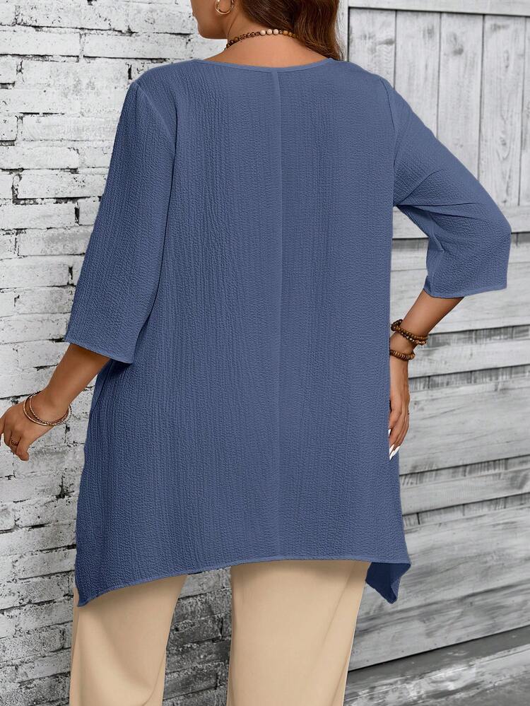 Plus Size Women Round Neck 3/4 Sleeve Asymmetric Hem Casual White Shirt, Spring & Summer Fall Women Clothes