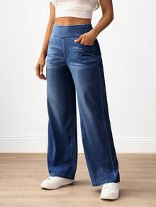 SHEIN PETITE 女士高腰带口袋舒适柔软直筒牛仔裤 - 深色水洗藍 - 查看 5