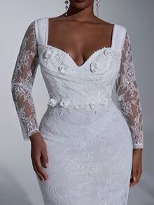 Elitara Robe de mariée grande taille sexy blanche à col profond drapé, manches longues, encolure transparente, décoration appliquée, ourlet sirène avec traîne - Blanc - Voir 5