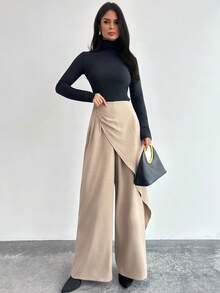Firerie Women's Elegant Casual Office Commute Pants, Apricot/Khaki Solid Bamboo Texture Fabric, Loose Wide Leg Wrap Skirt Pants, Autumn/Winter New Women's Pants, Apricot Long Pants, Casual Home Long Pants, Elegant Pants, Winter Clothes For Women, Fall Outfits - Apricot - View 5