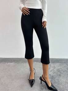 Firerie Women's Elegant Minimalist Slim Fit Leggings, Black High Waist Skinny Flare Leg Knit Tights, Suitable For Daily Wear, Versatile, Casual, Teacher, Going Out, Home - Black - View 5