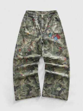 Grunge Punk Men's Casual Retro Camouflage Print Denim Jeans