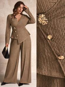 Elegantrix 秋冬女装时尚休闲纯色纹理金属扣带不对称开衩裤套装，时尚外出，女士办公室装，工作/办公室 - 卡其色 - 查看 1