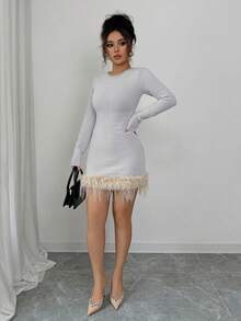 Elenzga Women's Fashion Casual Fringe Trim Sweater Dress - Light Grey - View 5