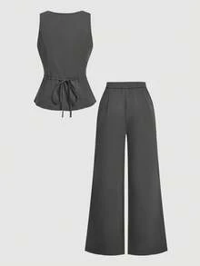 SHEIN MOD 灰色双排扣V领马甲裤套装（两件套），适合办公室穿着，复古优雅风格，学院风，职业装，秋冬季教堂女装 - 深灰色 - 查看 2