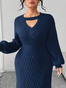 Elenzga Plus Size Elegant Delicate Hollow V-Neck Sweater Dress - Royal Blue - View 4
