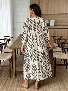 EMERY ROSE 大码女式亚麻质感印花宽松休闲连衣裙，饰有仿木纽扣，适合春夏穿着，工作和居家皆宜。 - 彩色 - 查看 2